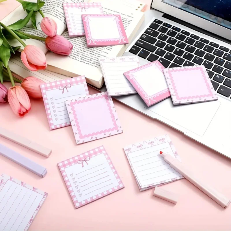 4/8 قطعة ملاحظات لاصقة لطيفة على شكل فيونكة 7.62 × 7.62 سم ملاحظات لاصقة رائعة على شكل قوس سلسلة قوس لطيفة مع أدوات مكتبية على شكل سلسلة #6