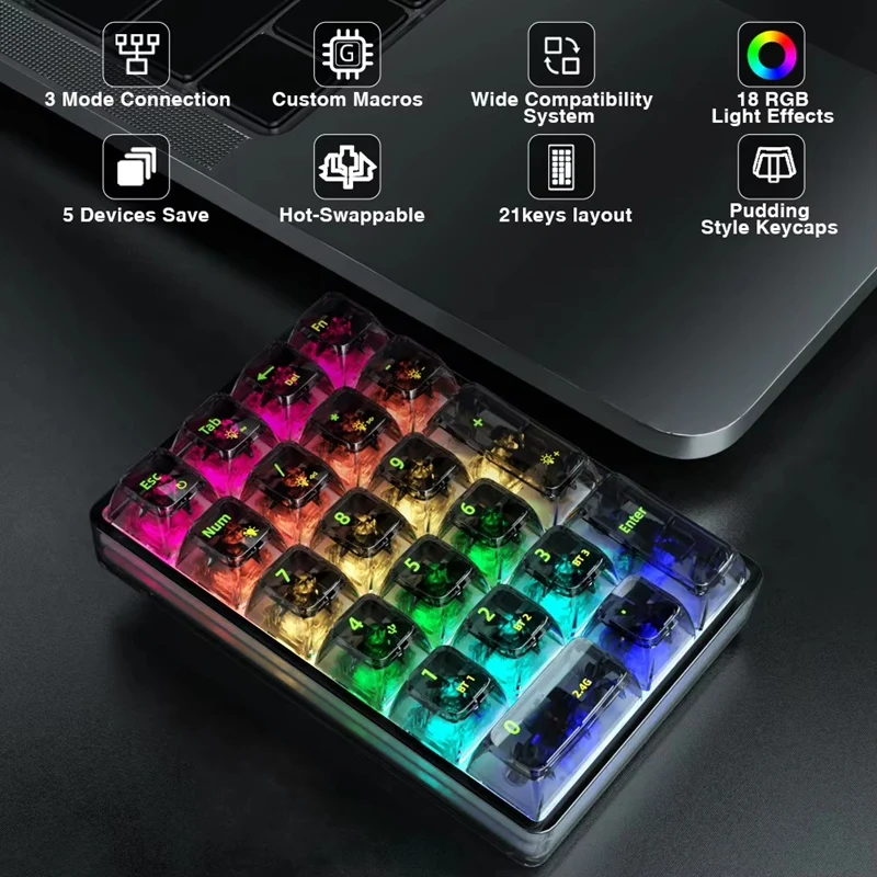 ABDJ-K21 Цифровая клавиатура Bluetooth Механическая клавиатура RGB 21 клавиша Прозрачная игровая клавиатура для учета Photoshop Numpad