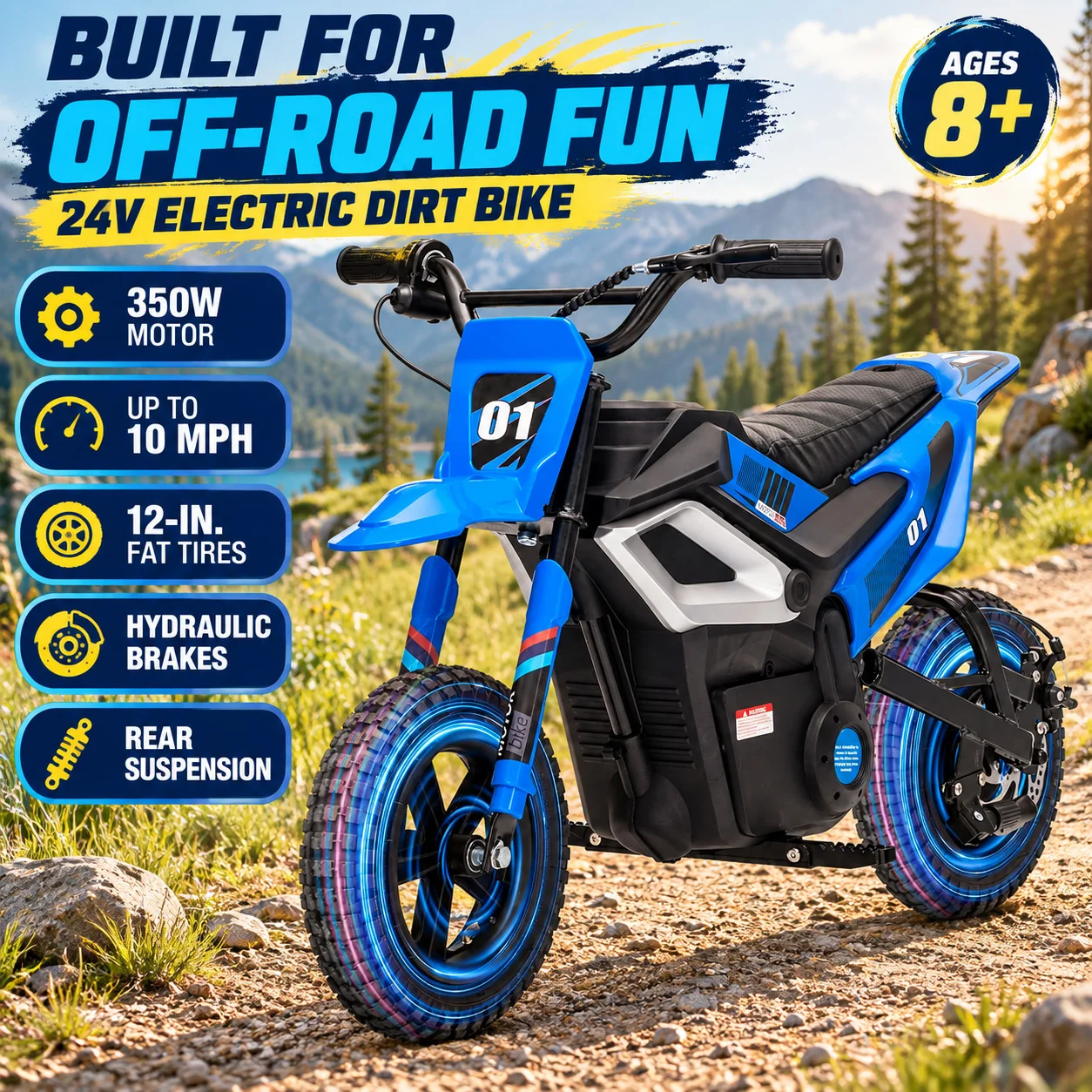 24V 350W Kids Electric Dirt Bike with 12 Inch Fat Tires 10 MPH Top Speed Rear Suspension Hydraulic Disc Brakes Twist Grip Throttle Music USB Steel Frame Ride On Motorcycle Ages 8 and Up
