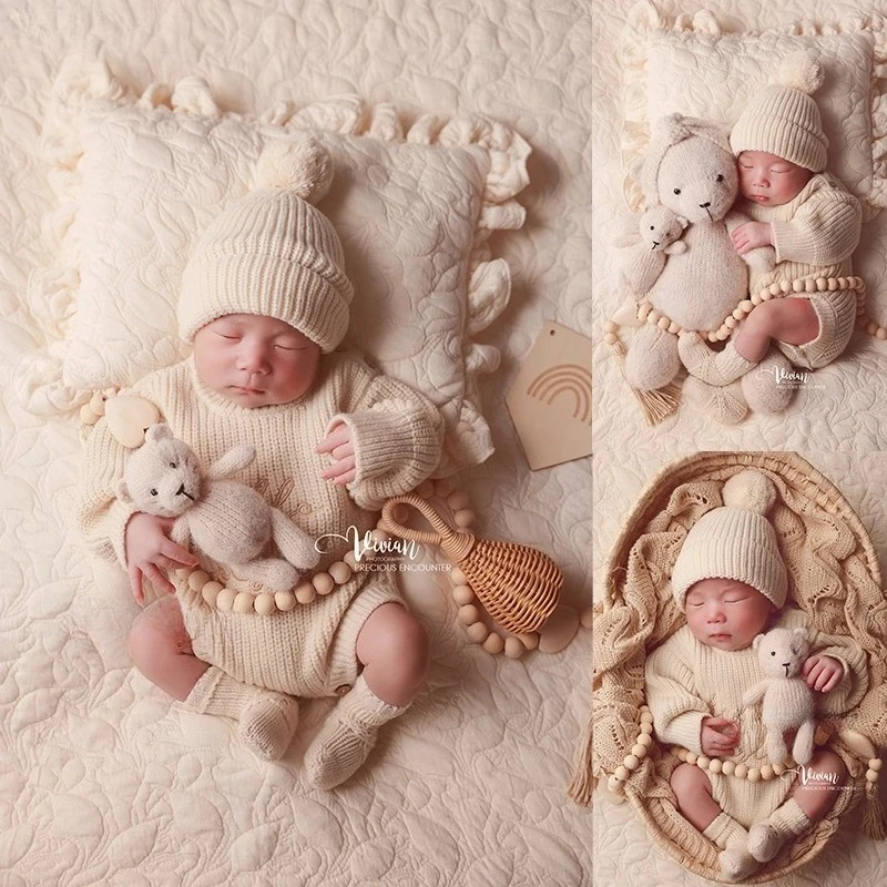 الوليد التصوير الدعائم الشمال الأبيض محبوك الزي مع قبعة دمية دب بطانية الديكورات سلة من الخيزران مجموعة لالتقاط الصور في الاستوديو #1