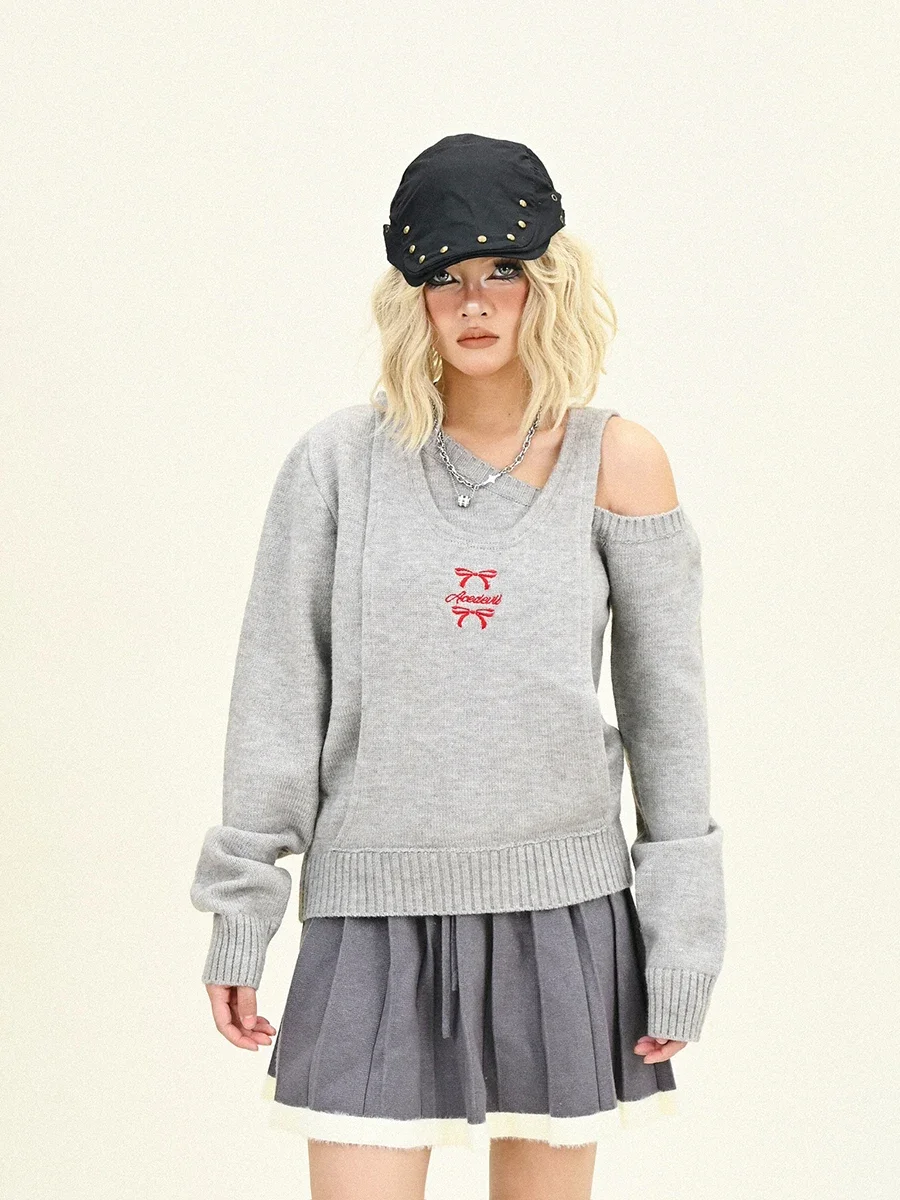 Fake Two-piece Off-the-shoulder Hooded Sweater Women's 2024 Winter New Loose Bf American High Street Knitted Top