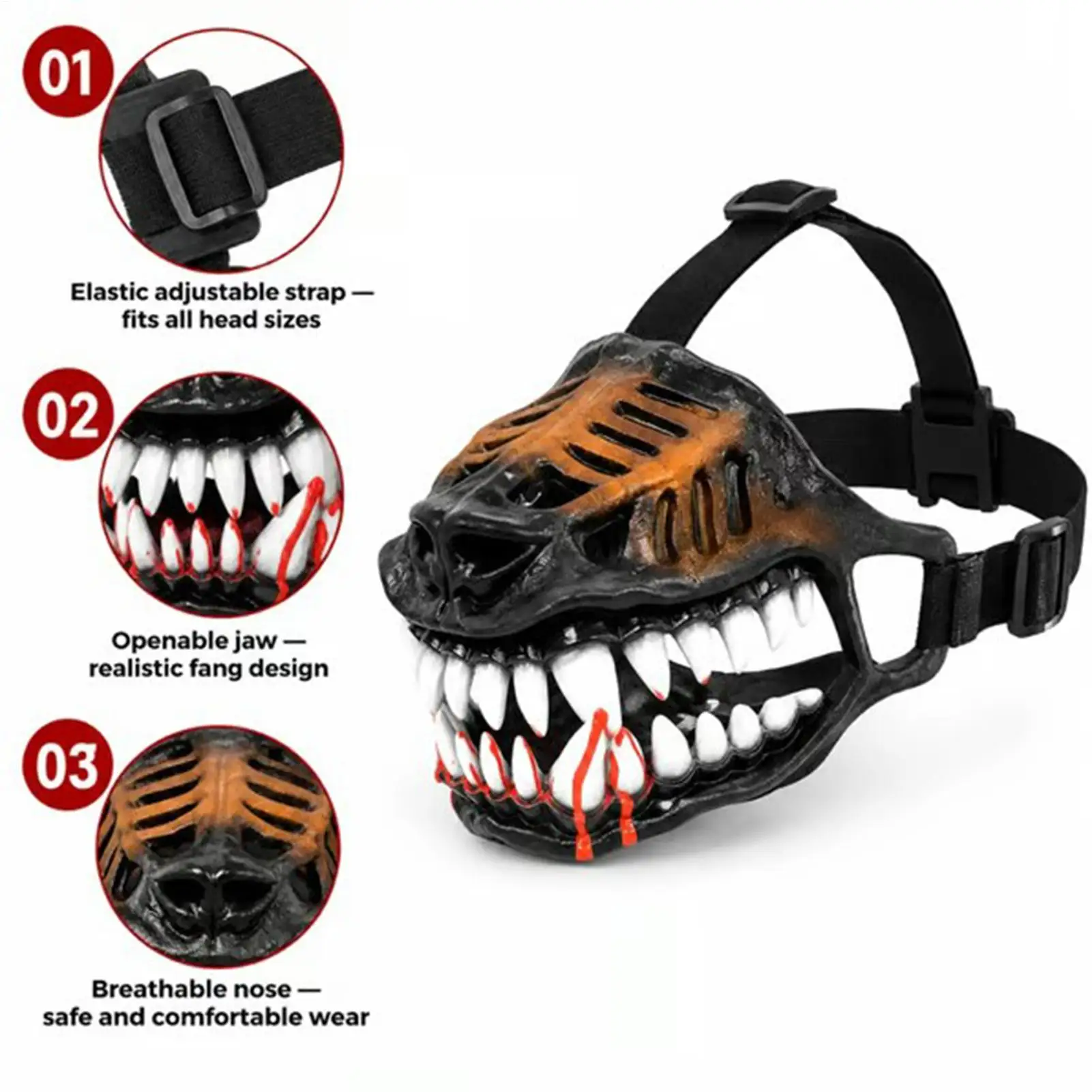 Beißschutz-Maulkorb, atmungsaktiv, flexibel, Halloween-Kostüm-Zubehör mit gruseligen Zähnen, großer Hundemaulkorb zur Verhinderung von Bissen beim Training – Detail 9