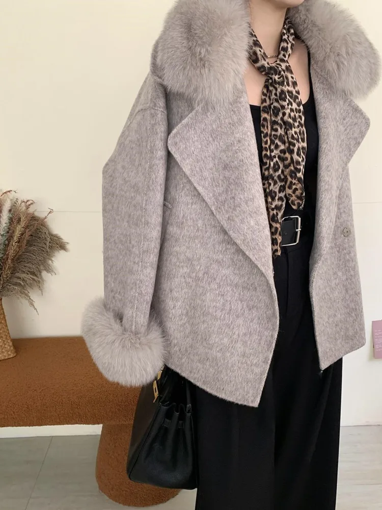 UCXQ Elegant Fashion Jacket Korean Style Fox Fur Collar Button All Match Double-sided Woolen Coat Women 2024 Autumn Winter C1993