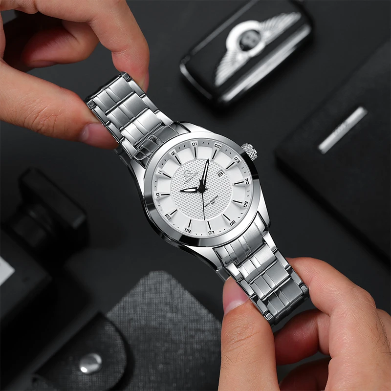 Men\'s Military Quartz Watch Silver Stainless Steel Band Outdoor Waterproof Sports Date Calendar Chronograph CAINUOS