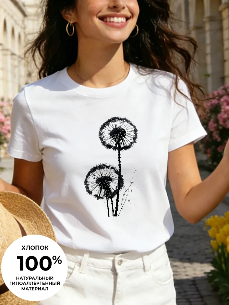 Different styles of dandelion-printed women's T-shirts, round-neck short-sleeved T-shirts, pure cotton T-shirts, tops
