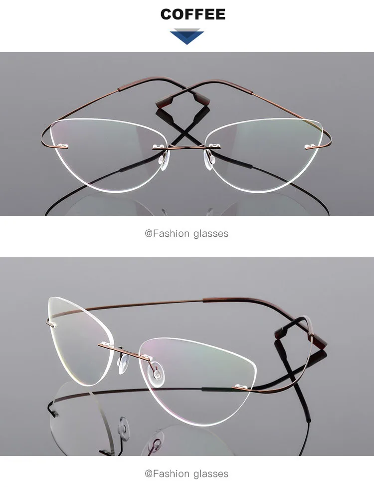 Titan Legierung Randlose Anti Blau Licht Lesebrille Für Frauen Cat Eye Metall Presbyopie Brille HD Augenschutz Leser – Detail 12