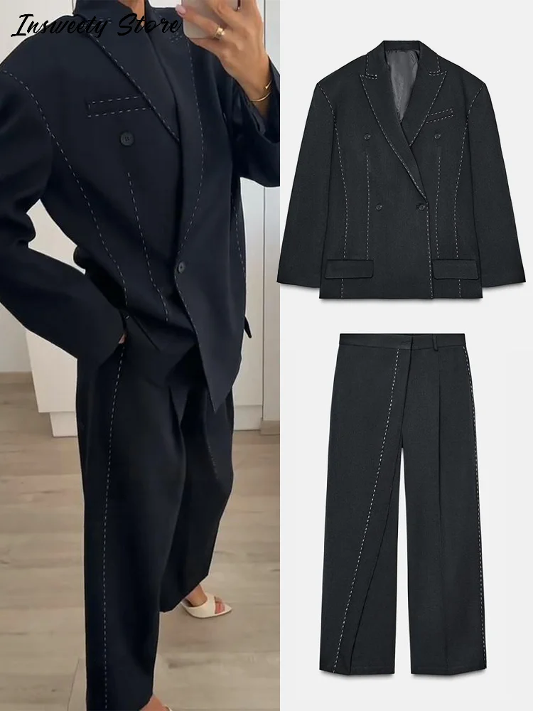 

Модный пиджак, брючный костюм, женские свободные пальто с лацканами и длинными рукавами, широкие брюки, осень 2024, новый женский элегантный костюм