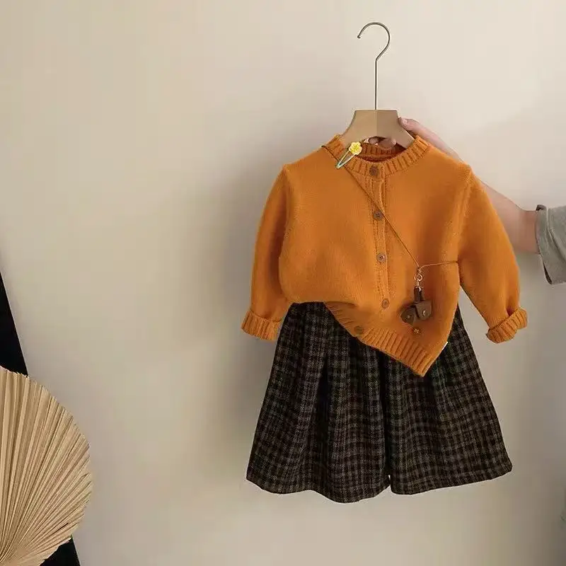 2025 Autumn Winter Girl Solid Color Knitt Cardigan Children Kid Stylish Plaid Casual Wide-Leg Pants 2Piece Set 3-10 Year Toddler
