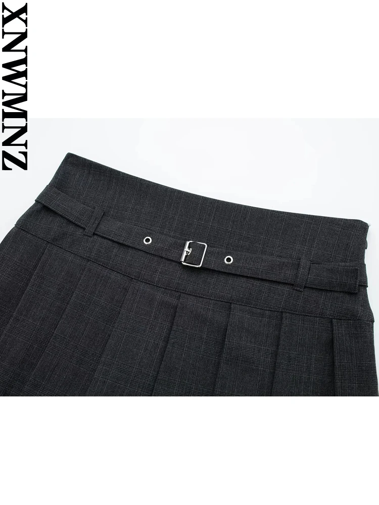 Xnwmnz Damenmode Herbst Box Falten Skort Frauen Vintage Gürtel mittlere Taille vielseitige weibliche schicke Minirock