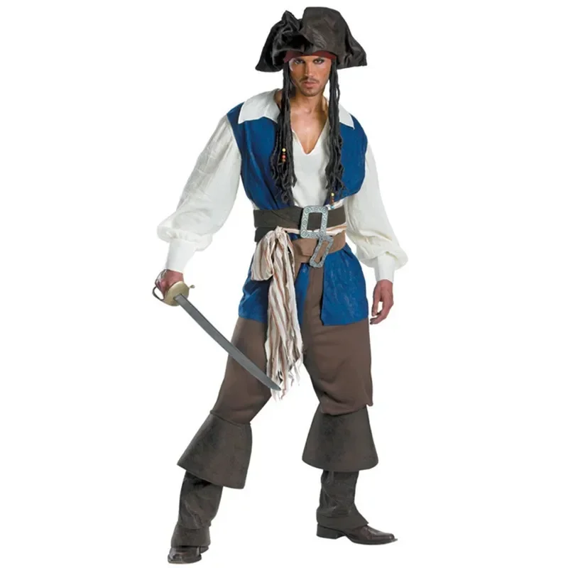 

Ролевая форма, костюмы пирата для косплея на Хэллоуин, содержащий верх, жилет, брюки, пояс, шляпа, ремень для ног, комплект из 7 предметов