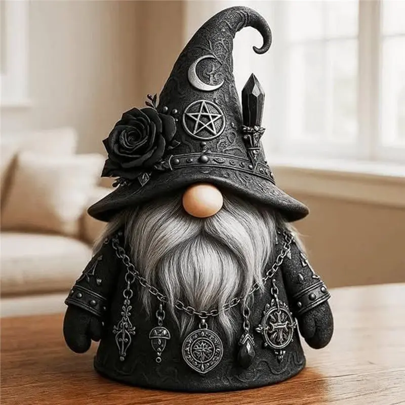 【CYBER MONDAY】Resin Figurine, Gothic Witch Gnome Wizard Statue With Pentagram Moon Hat& Chain Accents For Occult Home Decor