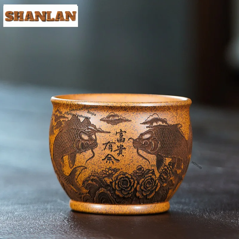 HOYIHM 225ml Yixing Zisha Wood-fired Porcelain Both Fish Teacup Elegant Tea Bowl Jug Tea-tasting Fragrance Cup Jianzhan Master