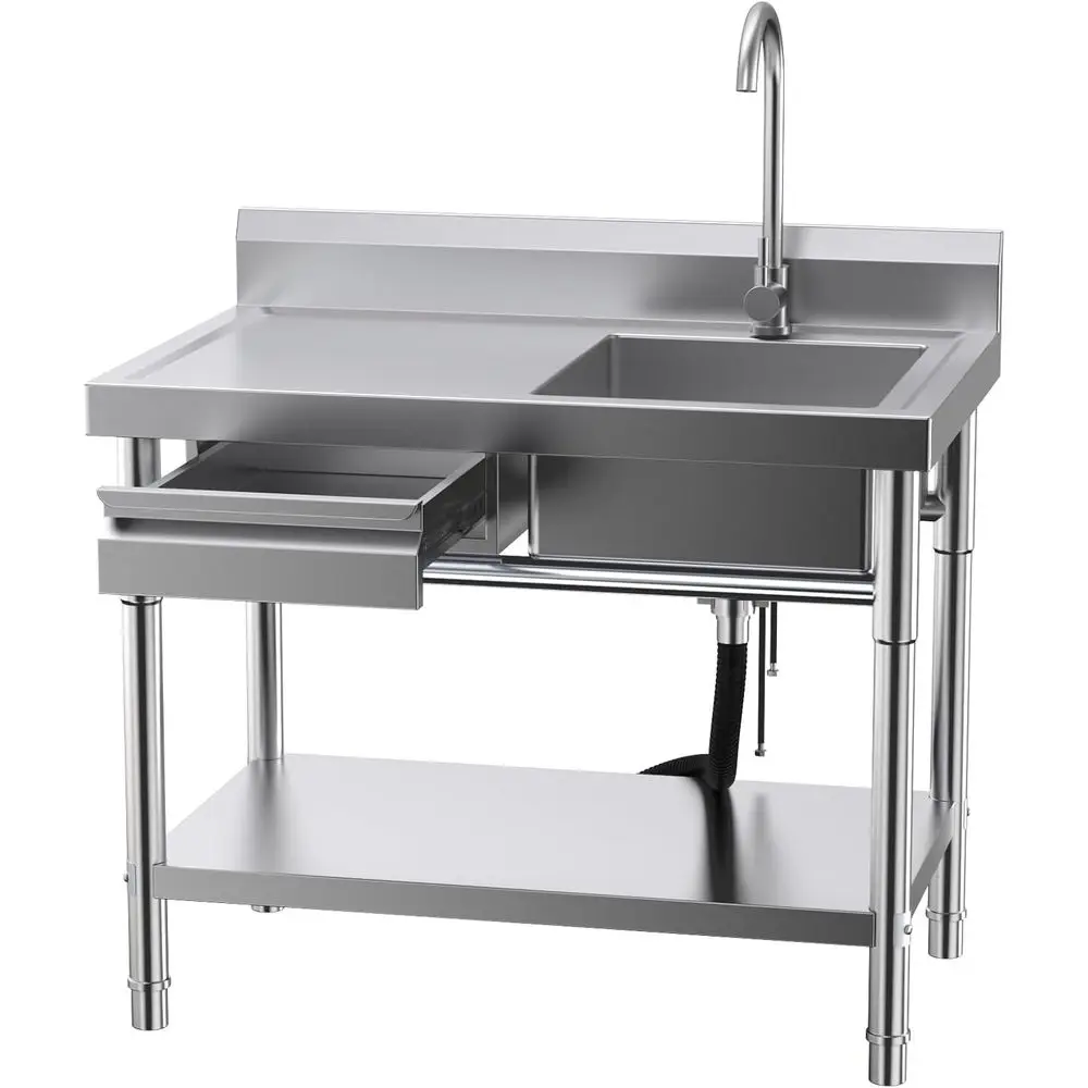 

Stainless Steel Utility Sink, Commercial Kitchen Sink, 40'' Free Standing Single Bowl Sink with Drawer & Cold and Hot Water Pipe