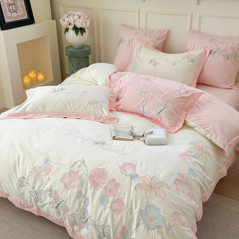 

Pink And White Butterfly Flower Embroidery Cotton Bedding Set, Duvet Cover, Linen Fitted Sheet, Pillowcases, Home Textile
