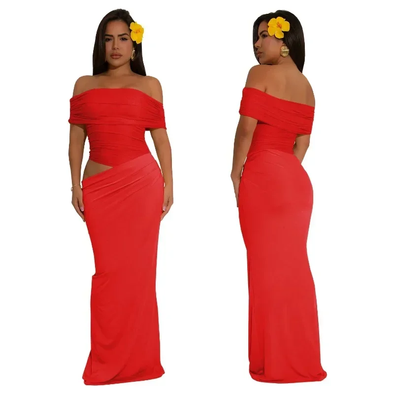 Hermosos vestidos largos fruncidos con hombros descubiertos para mujer, trajes amarillos, Vestido de playa drapeado de malla transparente elegante