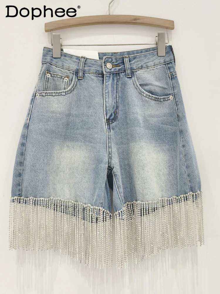 Heavy Industry Rhinestone Tassel Short Jeans 2024 Summer New High Waist Raw Edge Denim Shorts Women Straight Cropped Pants