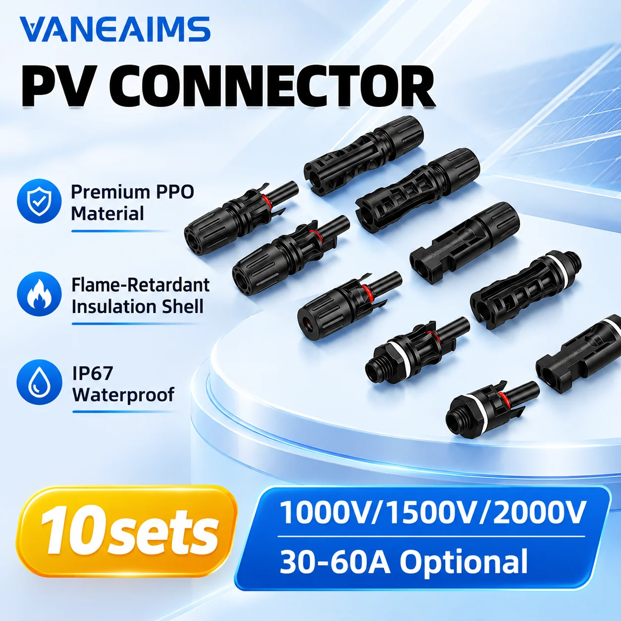 10 Set Solar Connector PV Plugs 1000V 1500V 30A 35A 40A 45A 50A 60A Solar Panel Connector Kit Available for PV Cables 2.5/4/6mm²