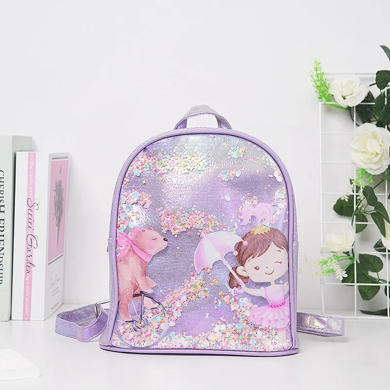 Little Girls Sequin Print Fairy Backpack Shiny Loose Powder Student Schoolbag Toddler Cartoon PU Printed Rainbow Backpack