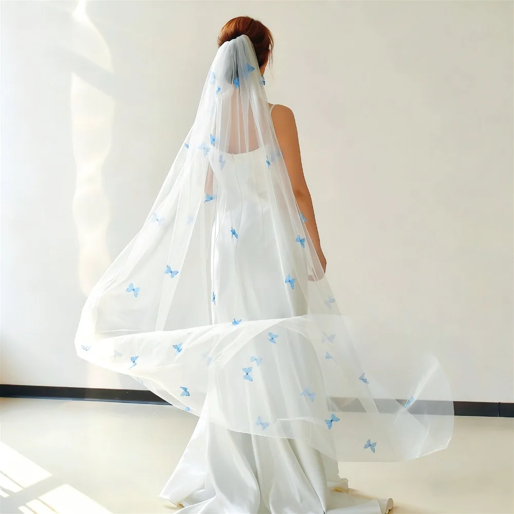 

Dreamy 3D Blue Butterfly Bridal Veil One-Layer Waltz Veil with Comb for Wedding Dress Wedding Accessories