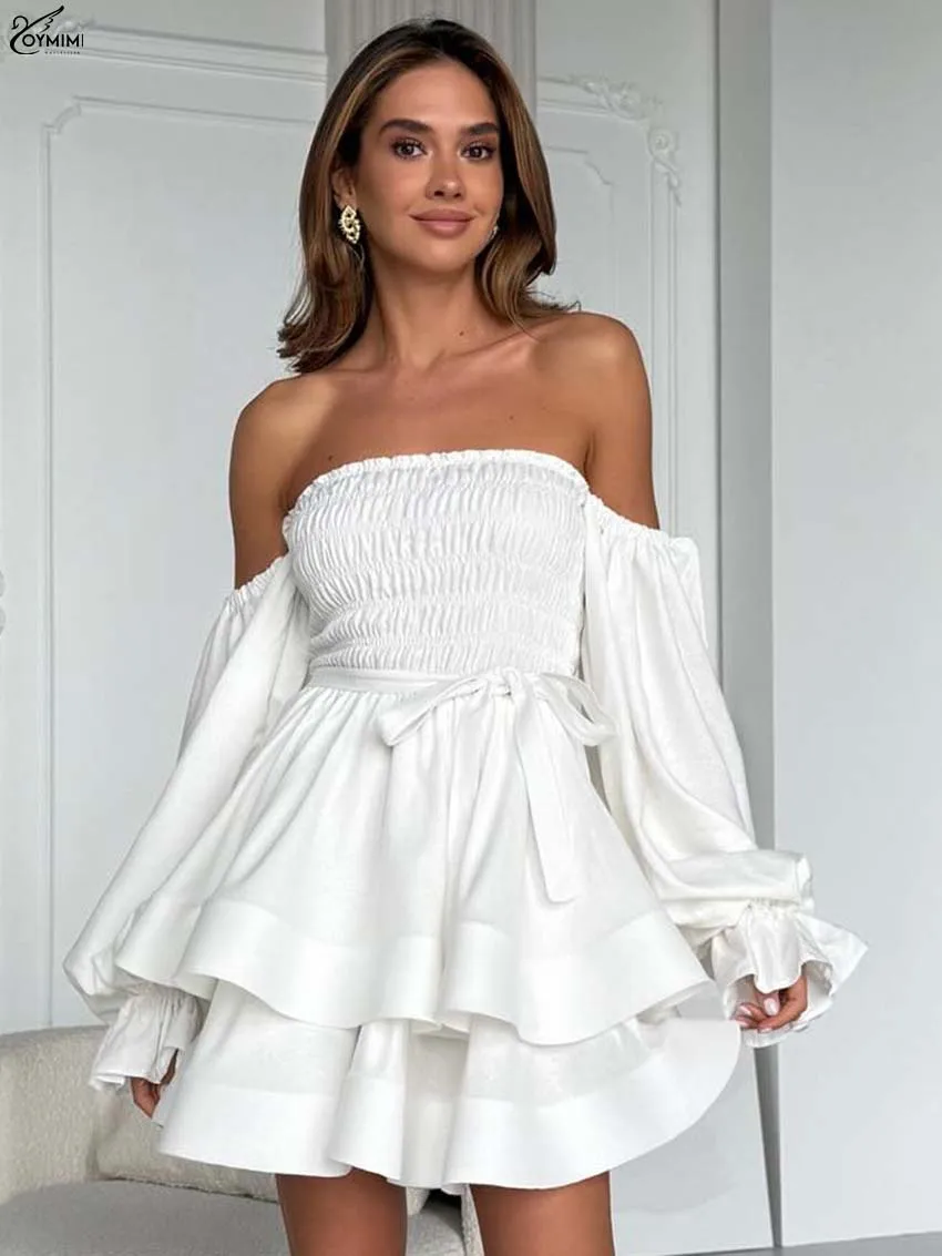 

Oymimi Casual White Cotton Dresses 2025 Woman Fashion Strapless Long Sleeve Open Back Dresses Autumn Lace-Up Ruffled Mini Dress