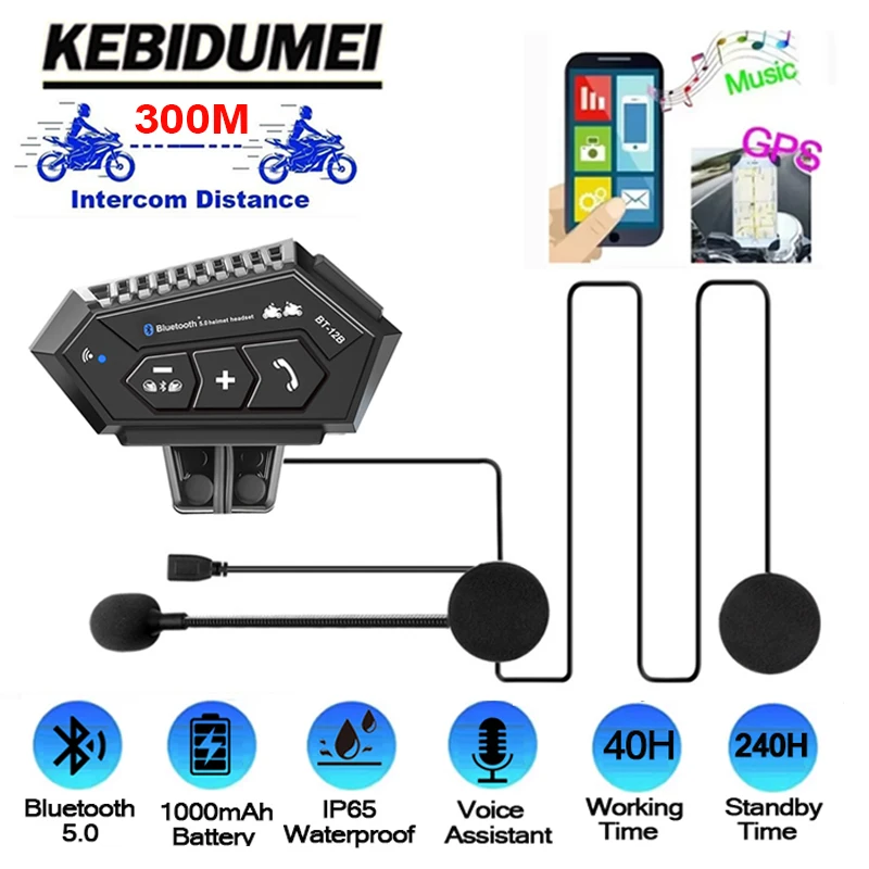 

BT-12B 300M мотоциклетный шлем, Bluetooth-гарнитура, IP65, водонепроницаемая громкая связь, 2 гонщика, встроенный аккумулятор емкостью 1000 мАч