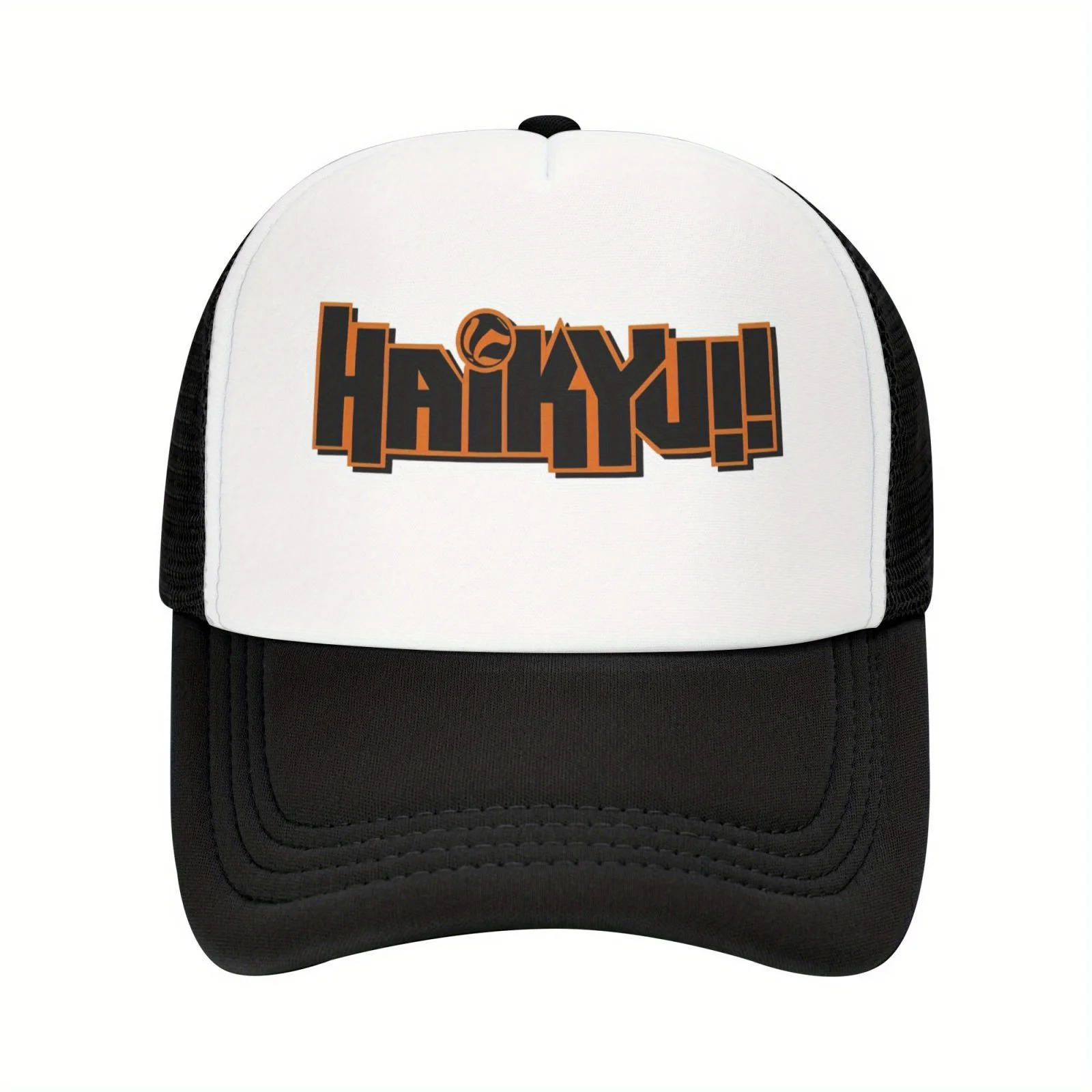 Haikyuu Logo Mesh Baseball Cap - Unisex, Breathable & Sun-Protective Trucker Hat with Adjustable Fit, White & Black Two-Tone Des