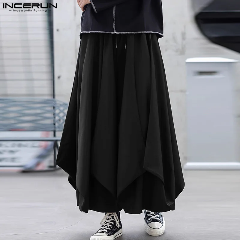 2024 Men Irregular Pants Solid Color Drawstring Joggers Fashion Casual Wide Leg Trousers Men Loose Streetwear Long Pants INCERUN