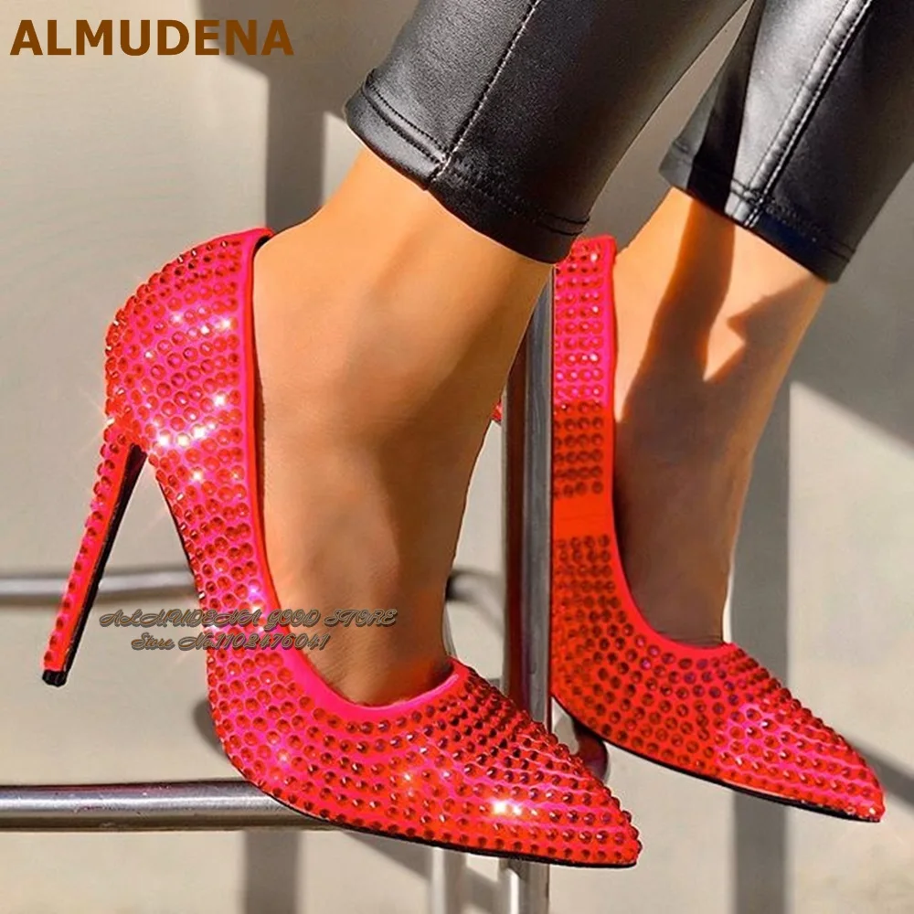 ALMUDENA Bling Bling Fuchsia Black Crystal Wedding Shoes Slip-on Pointed Toe Rhinestone Dress Pumps Shining Evening Heels Women