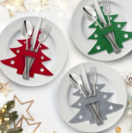 12pcs, Christmas Tree Placemats, Felt Fork and Spoon Bag Set, Suitable for Christmas and Other Holiday Party Table Decoration