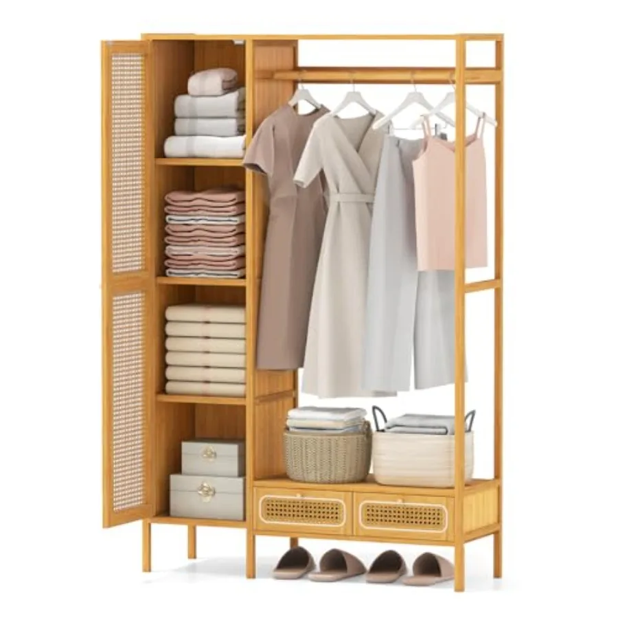 

Bamboo Clothes Rack with Shelves Freestanding Garment Rack w/Rattan Door Hanging Rod Storage Shelf 2 Drawers 7-Tier Heavy Duty