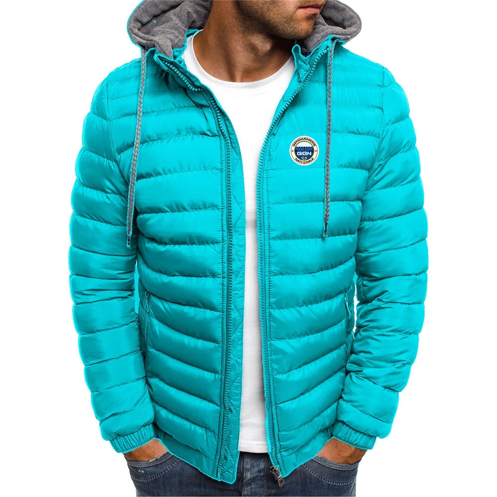 

2025 Autumn Winter France Special Elite Forces GIGN Print Detachable Hat Down Jacket Men's Solid Color Popular Cotton Liner Coat