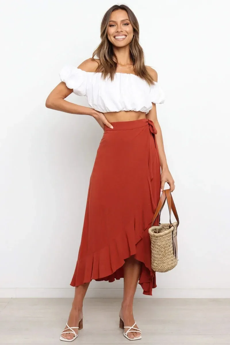 Women's Wrap Skirts High Waist Side Slit Beach Casual Long Skirt One-Piece Solid Elegant Midi Skirt Clothes Summer