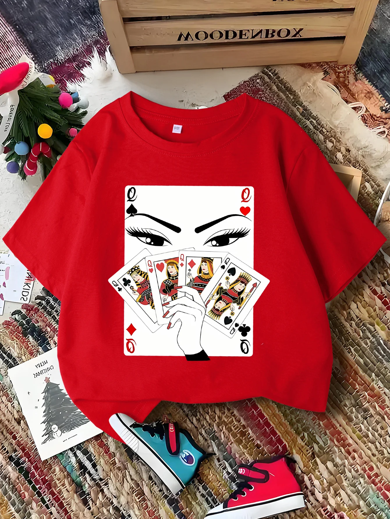 Playing Cards Queen Fashion Print Kid Tee Boys Girls Family Matching Short Sleeve Soft Breathable Parent Child Daily Comfort Top