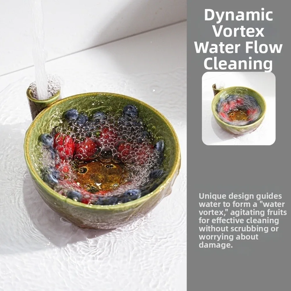 New Ceramic Berry Swirl Bowl Rinse Built-In Drain Slots Fruit Washing Bowl Water Inlet Drain Spout Fruit Rinse Bowl Kitchen Sink