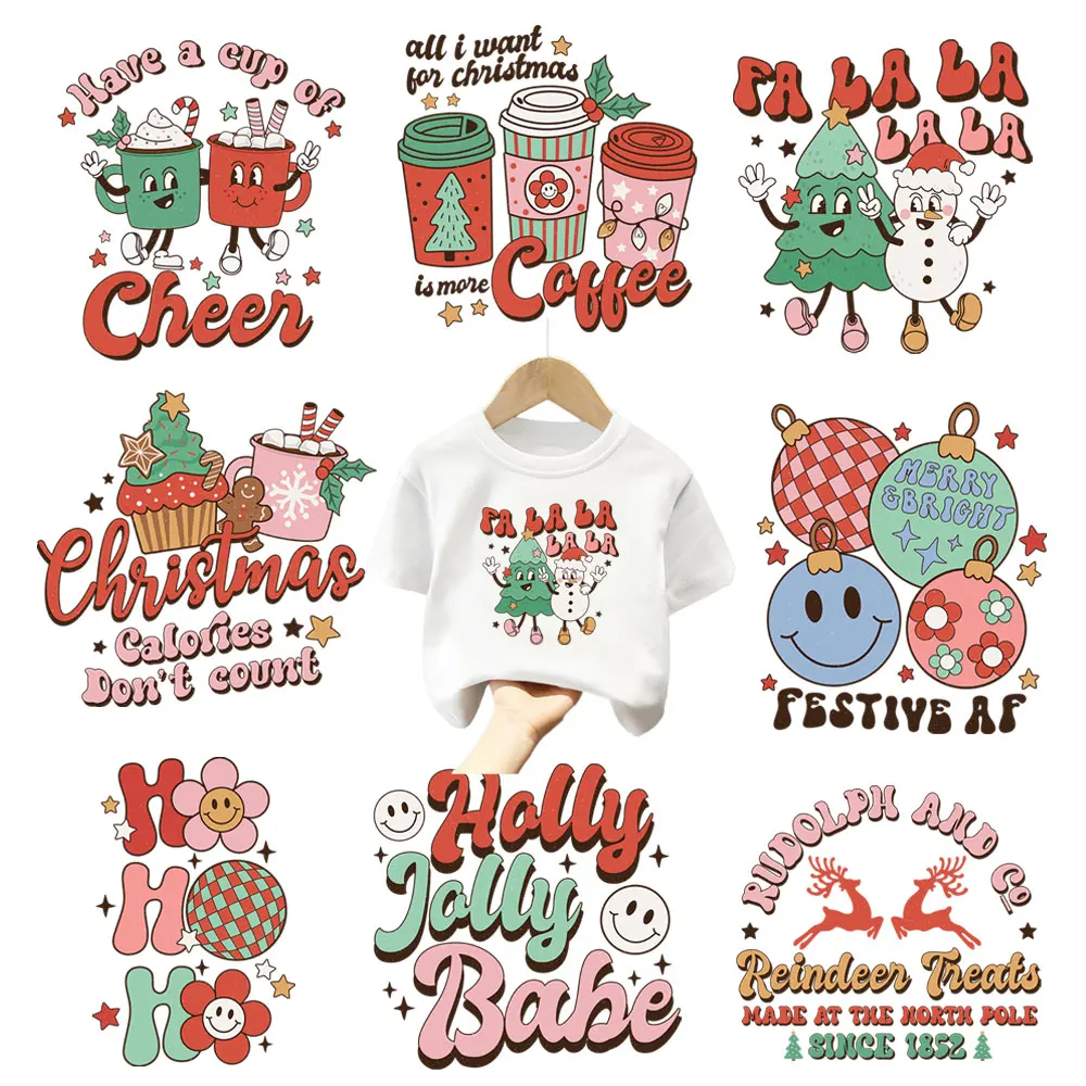 

Cute Merry Christmas Patches Iron On Transfer For Kids Clothing Smile Face Coffee Heat Stickers On T-shirt Decals Diy Printing