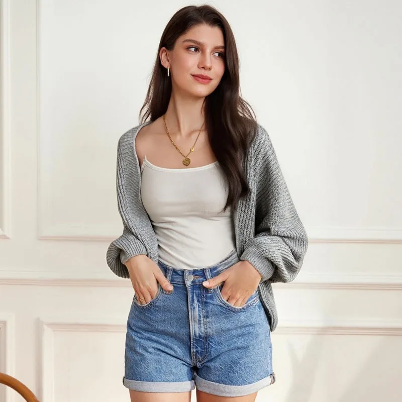 

Свободный повседневный черный темпераментный женский вязаный кардиган средней длины, модный простой нежный стиль-свитер