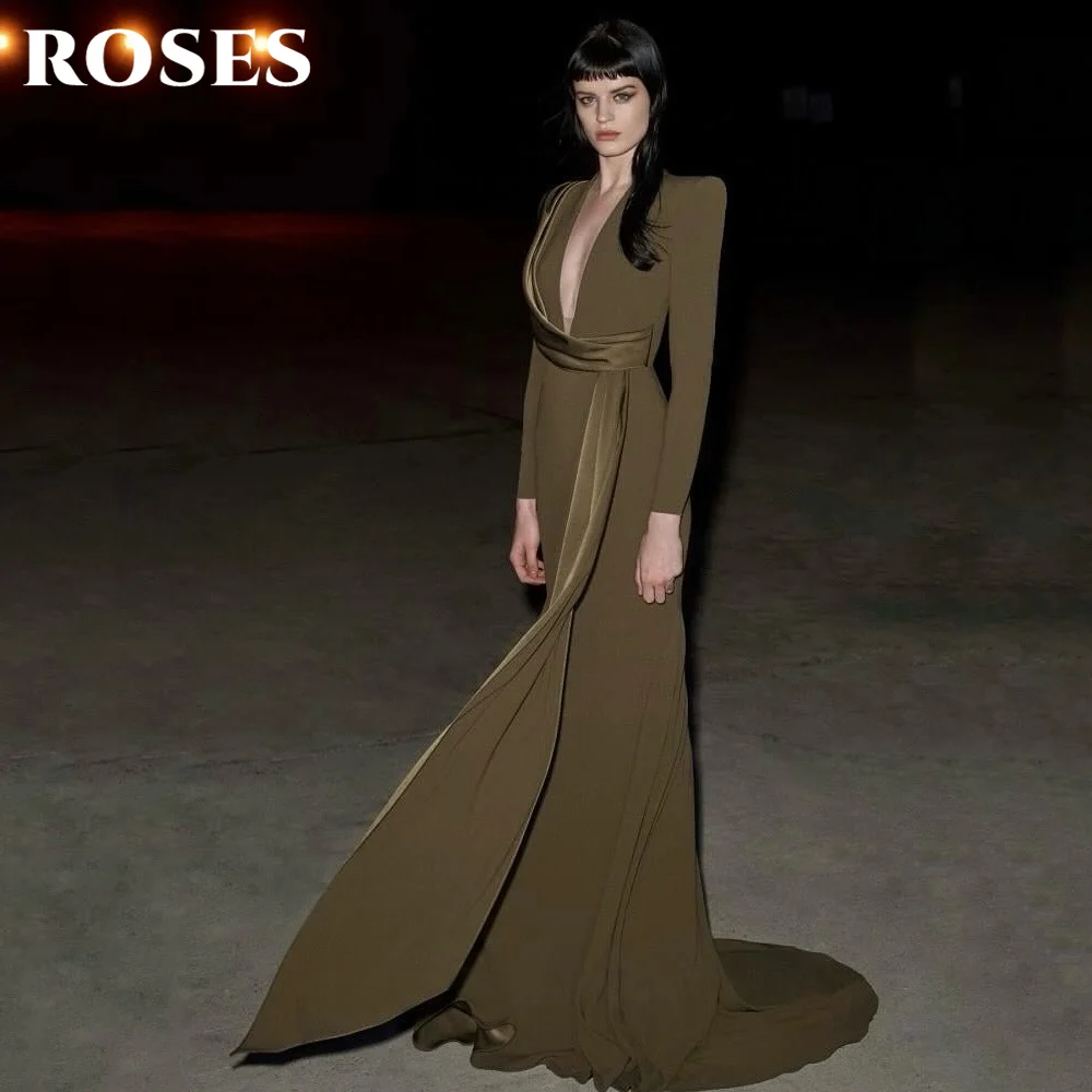 

ROSES Olive Green 프롬 드레 Deep V Neck Prom Gown with Padded Shoulders Party Dress Trumpet Satin for Formal Events Customized