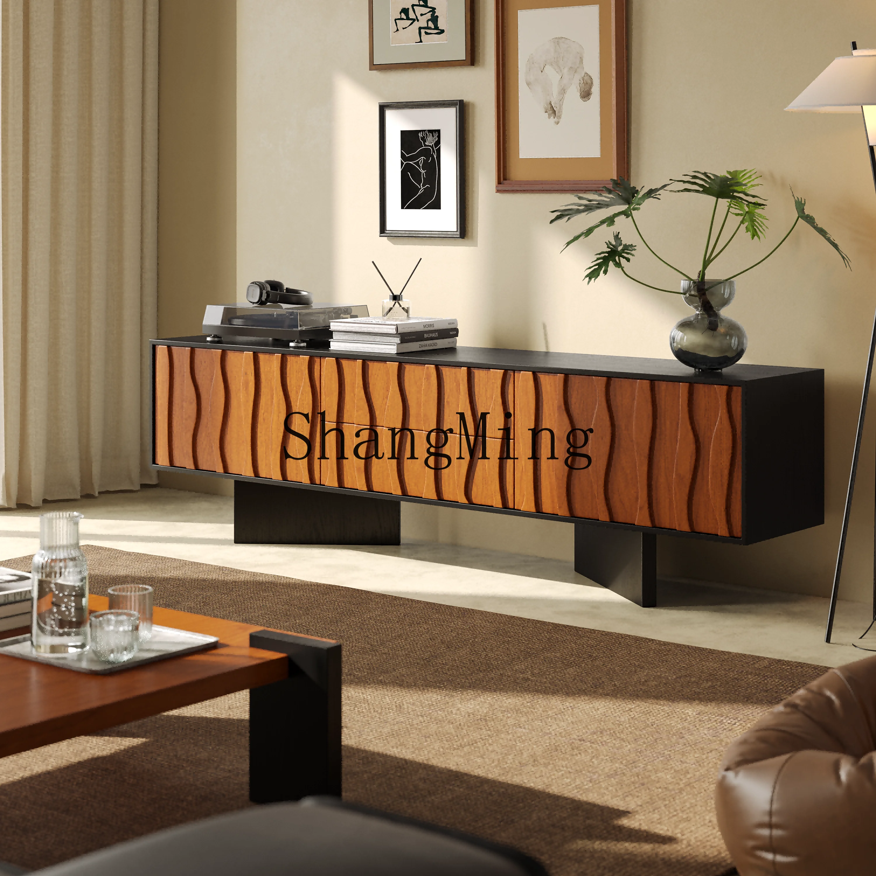 CL  wabi sand solid wood TV cabinet retro audio-visual modern simple living room high wave floor cabinet