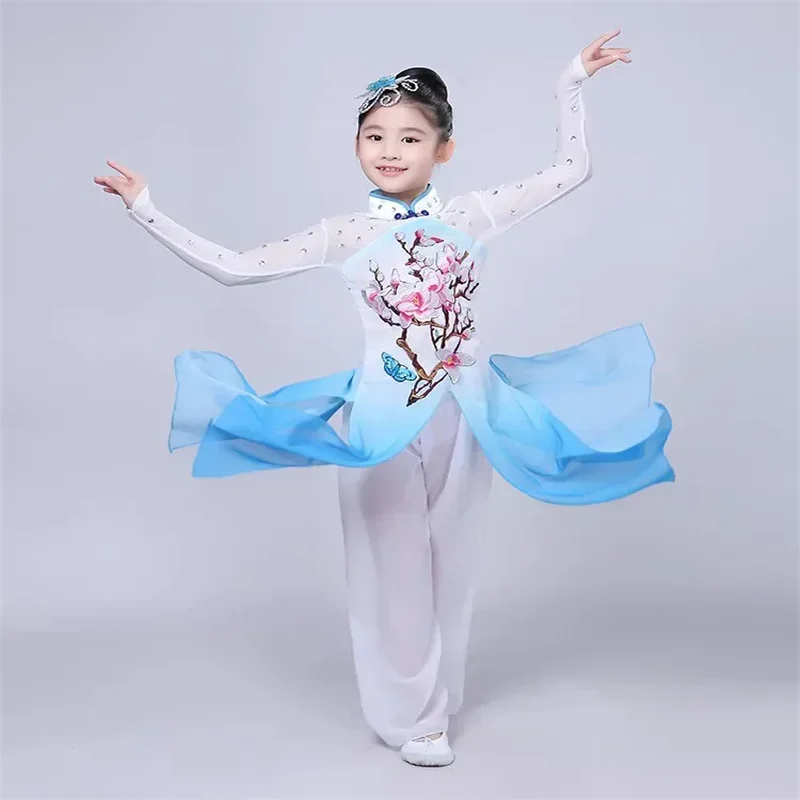 

New Chinese Kostuum Hanfu Nieuwe Klassieke Kinderkostuums Paraplu Dans Etnische Meisjes Yangko Kleding Fan Dance