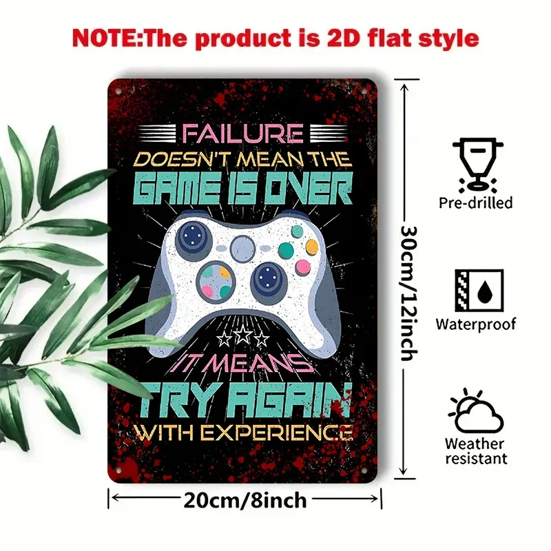 Placa de metal 2D com estampa 'A falha não é o fim do jogo' 8x12 polegadas, decoração de parede para casa