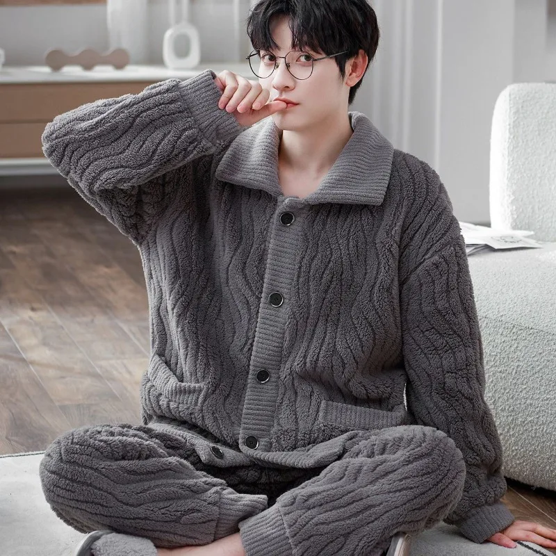 

2024 New Pajamas Men's Winter Thickened Fleece Flannel Loungewear Set Plus Size Homewear Coral Fleece Warm V-neck Sleepwear Set