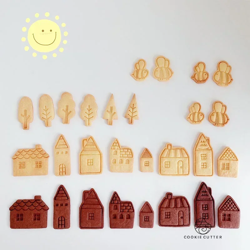 3D Cartoon House Cookie Stamp Mold Forest Tree DIY Baking Tools Cookie Cutter Fondant Biscuit Cake Decorating Mould Cookie Tools