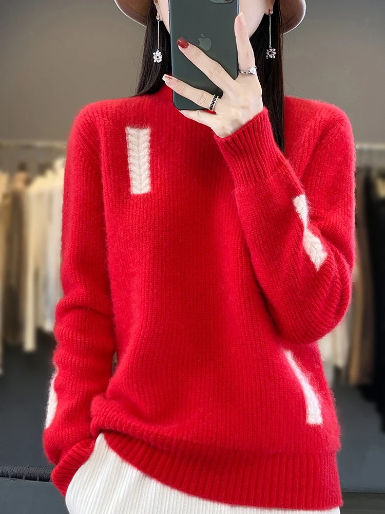 

Women's Jacquard Knitted Sweater, Half Turtleneck, Thickened Bottoming Sweater, Loose Splice Pullover, New Tops, 100% Wool