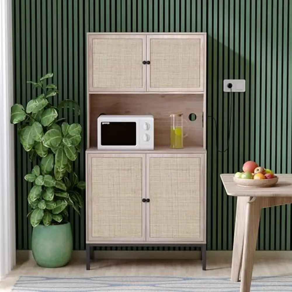 

Natural Rattan Wicker Doors Kitchen Buffet Freestanding Sideboard with Large Countertop Adjustable Feet Knobs Modern Design