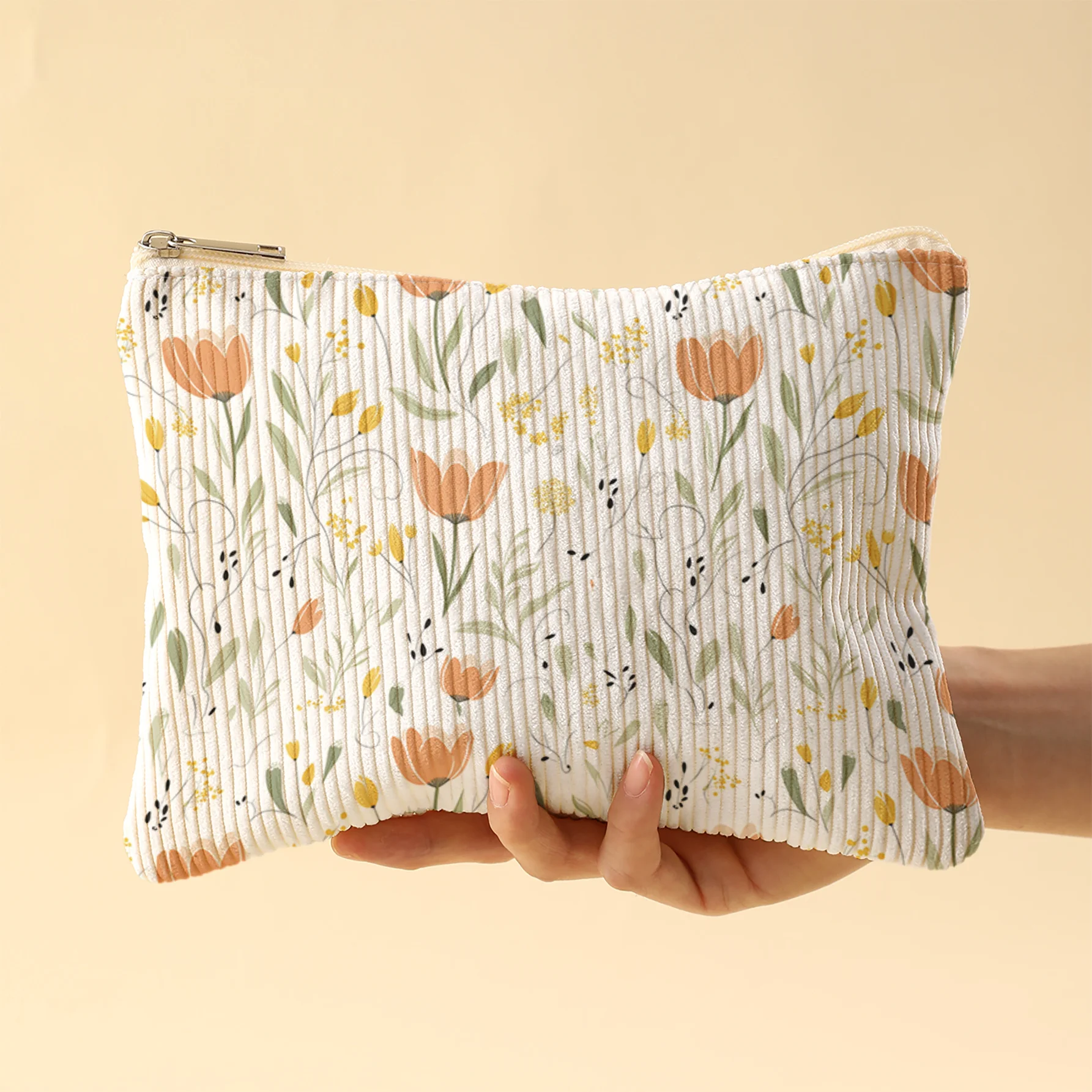 Corduroy Makeup Bag Suitable for Foundation/Eye Shadow Palettes & Lipstick Holder, Corduroy Texture with Tulip Floral Print