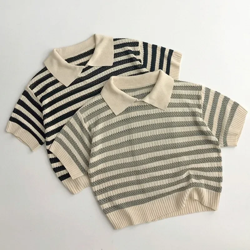 New Spring Children Knitted Hollow Out Polo neonata Pullover a maniche corte allentato top Boy Kids Summer Casual Striped Tees