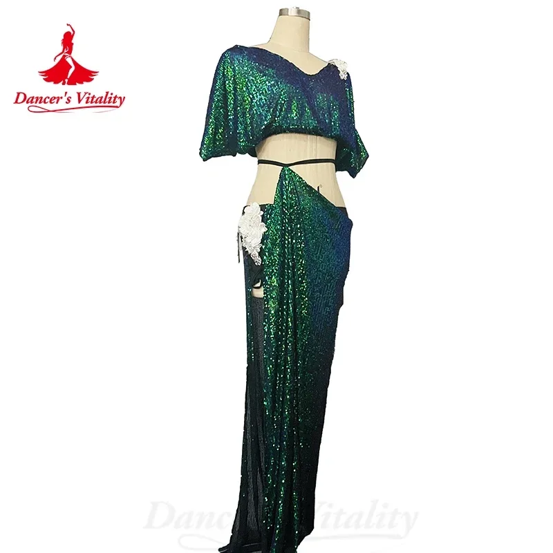 Belly Dance Costume Suit Women\'s Customized V Neck Short Sleeved Top+Split Long Skirt 2ps Oriental Dance Performance Costumes