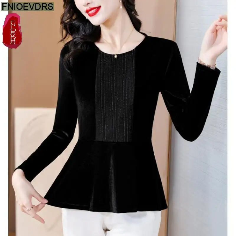 S-4XL Bling Black Tops Women Winter Basic Warm Wear New Design Retro Vintage French Design Peplum Shirts Velvet Tops Blouses