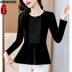 S-4XL Bling Black Tops Women Winter Basic Warm Wear New Design Retro Vintage French Design Peplum Shirts Velvet Tops Blouses