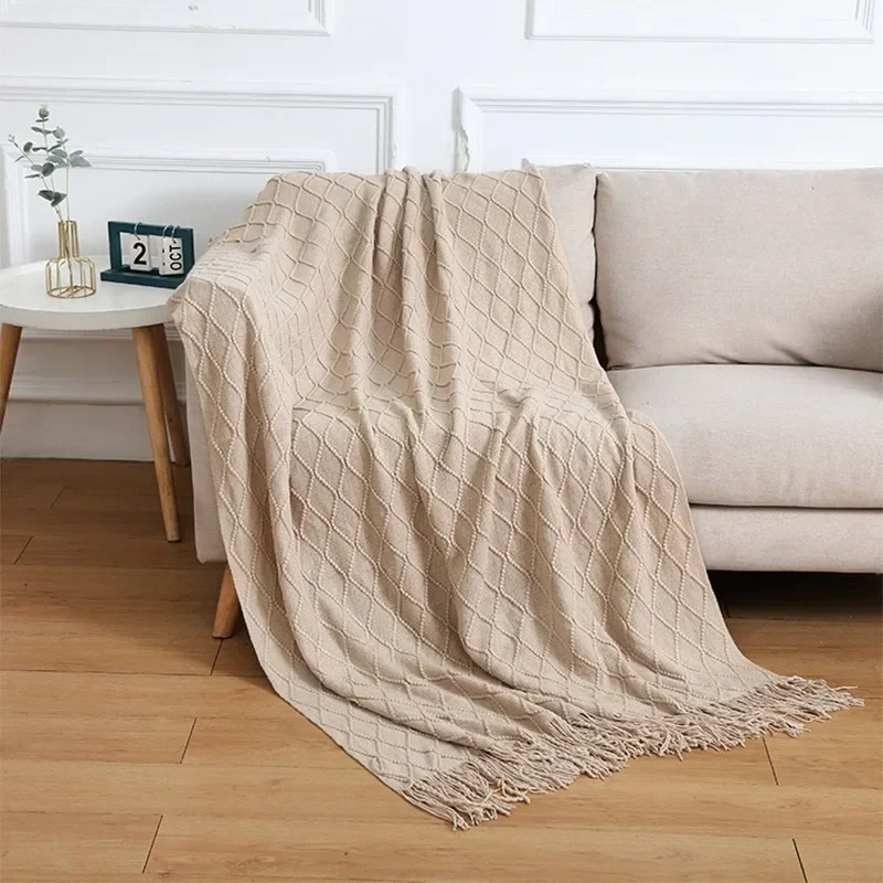 Sofa Blanket Nordic Light Luxury Simplicity Geometric Textured Fringe Throw Blanket for Couch Bed and Home Decor